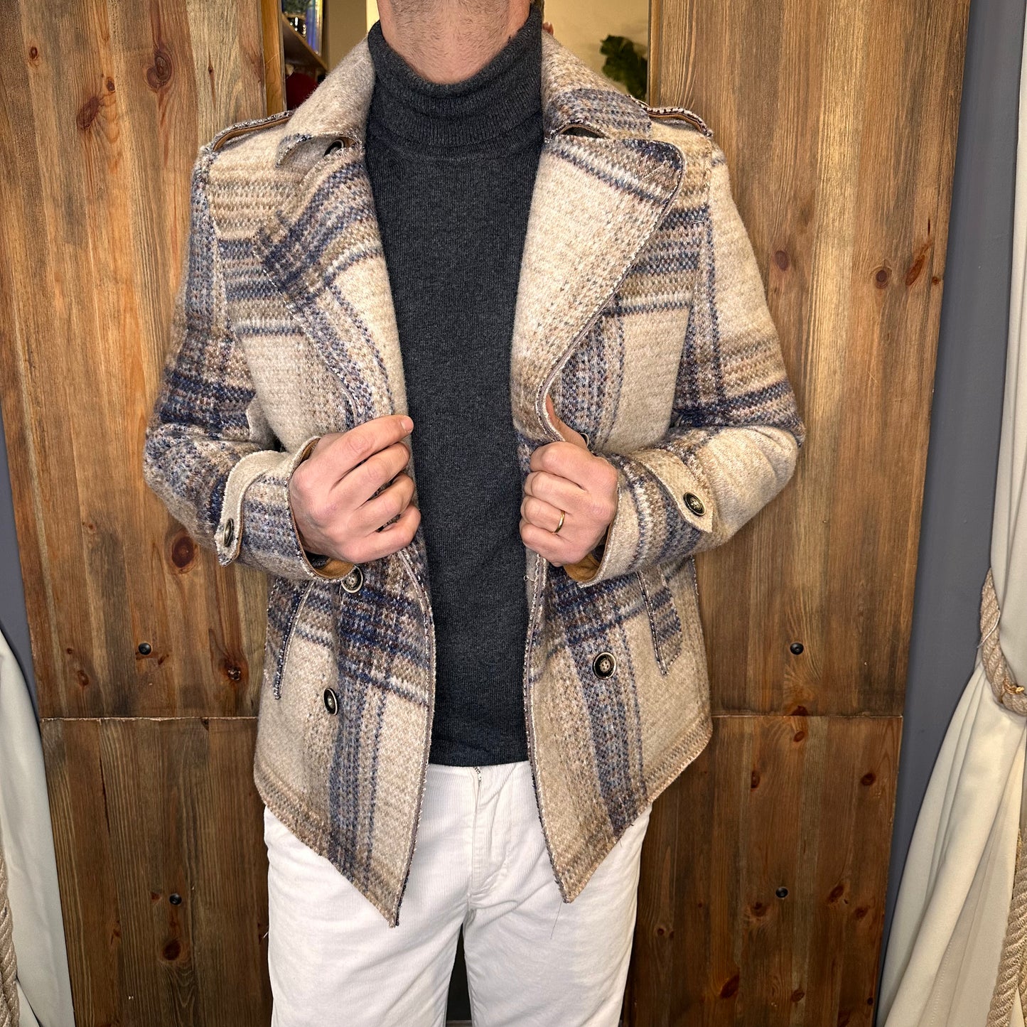 Cappotto picot quadri panna