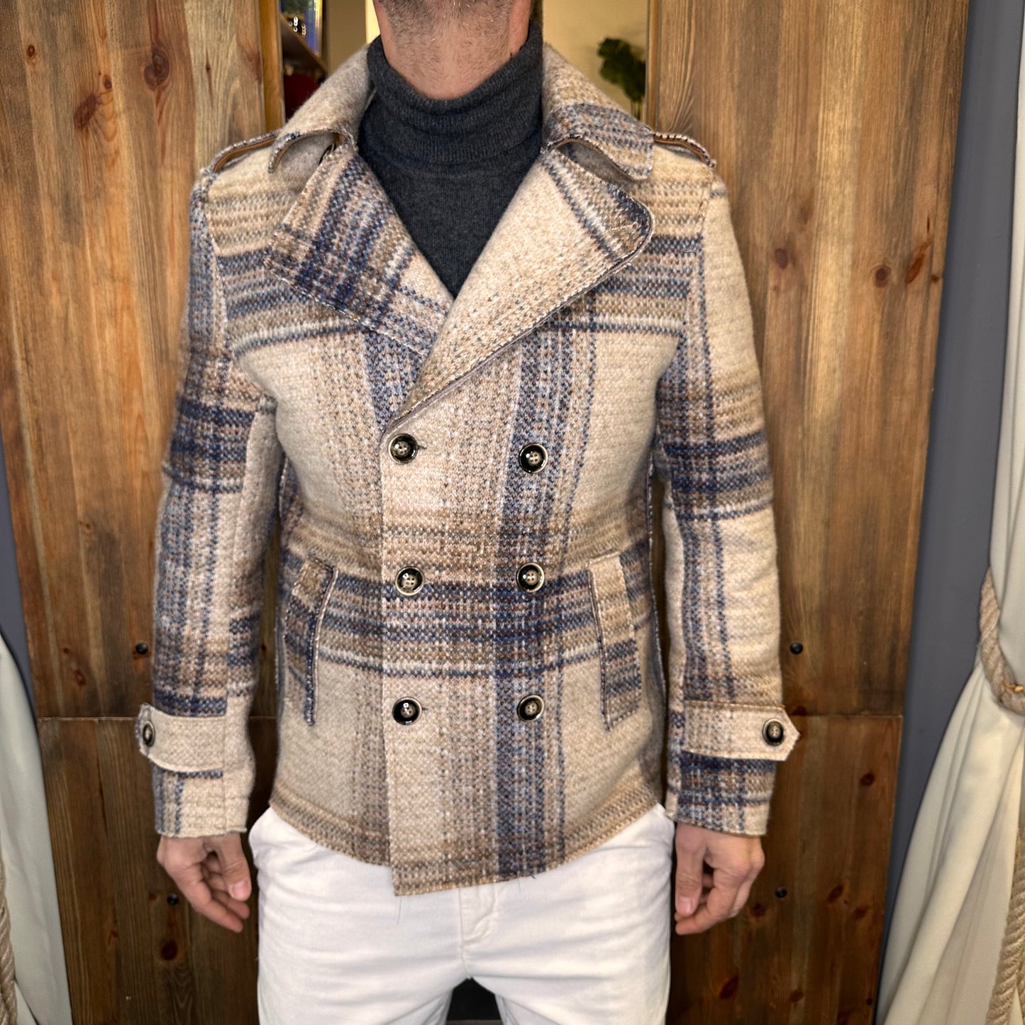 Cappotto picot quadri panna