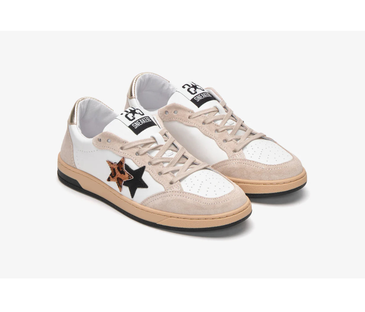 SNEAKER WEEK STAR IN PELLE BIANCA CON DETTAGLI BEIGE, NERO E LEOPARDATO