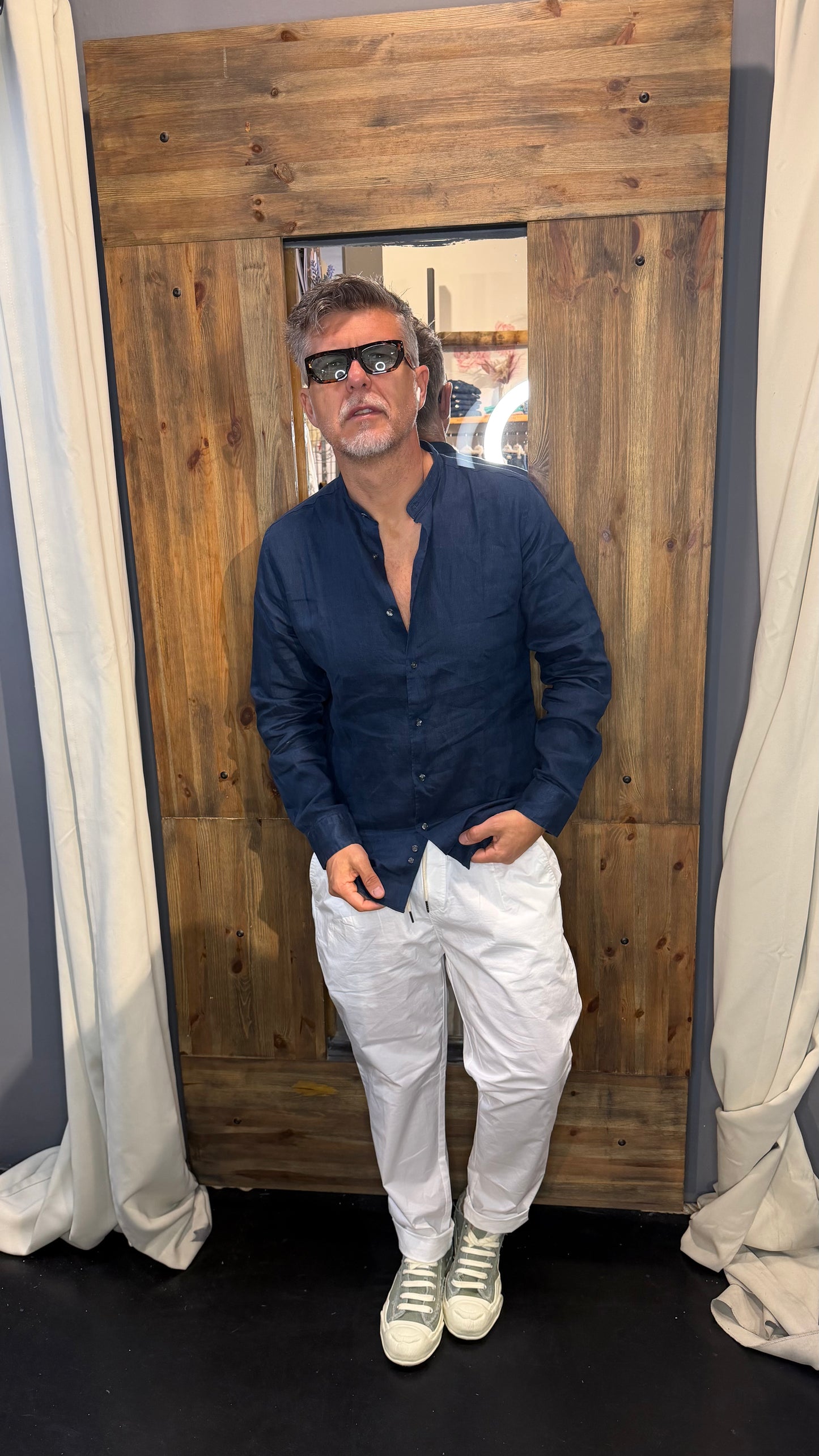 Camicia Lino En avance blu coreana