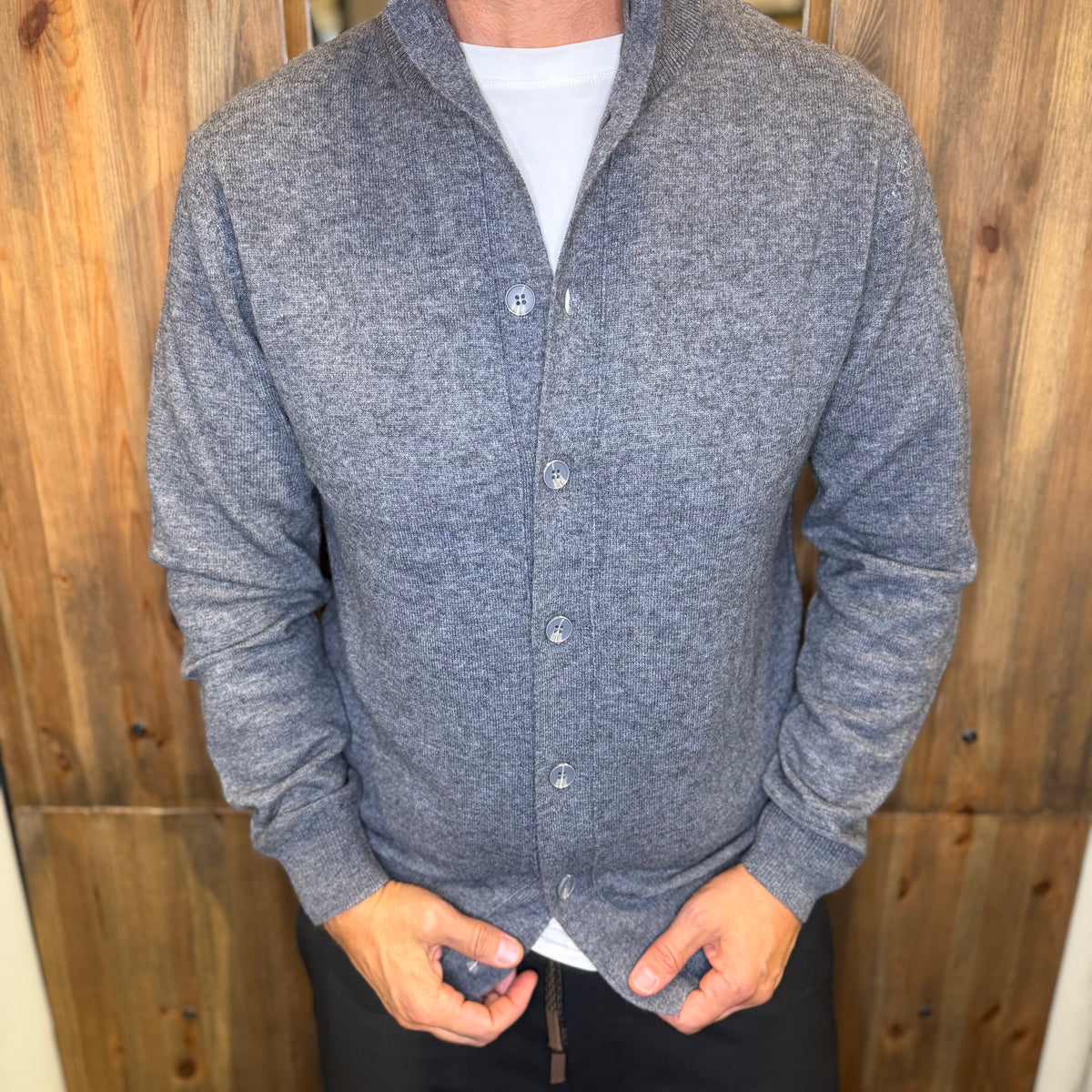 Cardigan Uomo Galerie in Misto Lana con Collo Alto e Bottoni – Grigio Melange