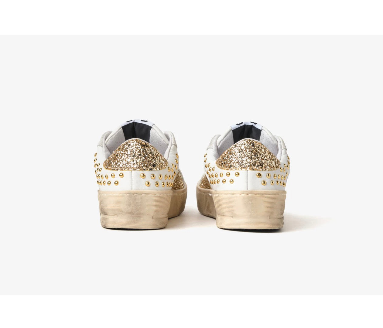 SNEAKER ENJOY STAR IN PELLE BIANCA CON DETTAGLI IN GLITTER DORATO, BORCHIETTE ED EFFETTO "USED"