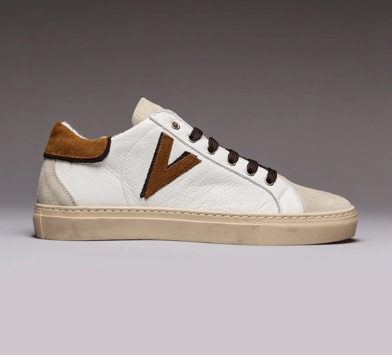 OLYMPIC V - SNEAKERS A SUOLA BASSA IN PELLE MARTELLATA CON INSERTO E RETRO BICOLOR CUOIO E MORO