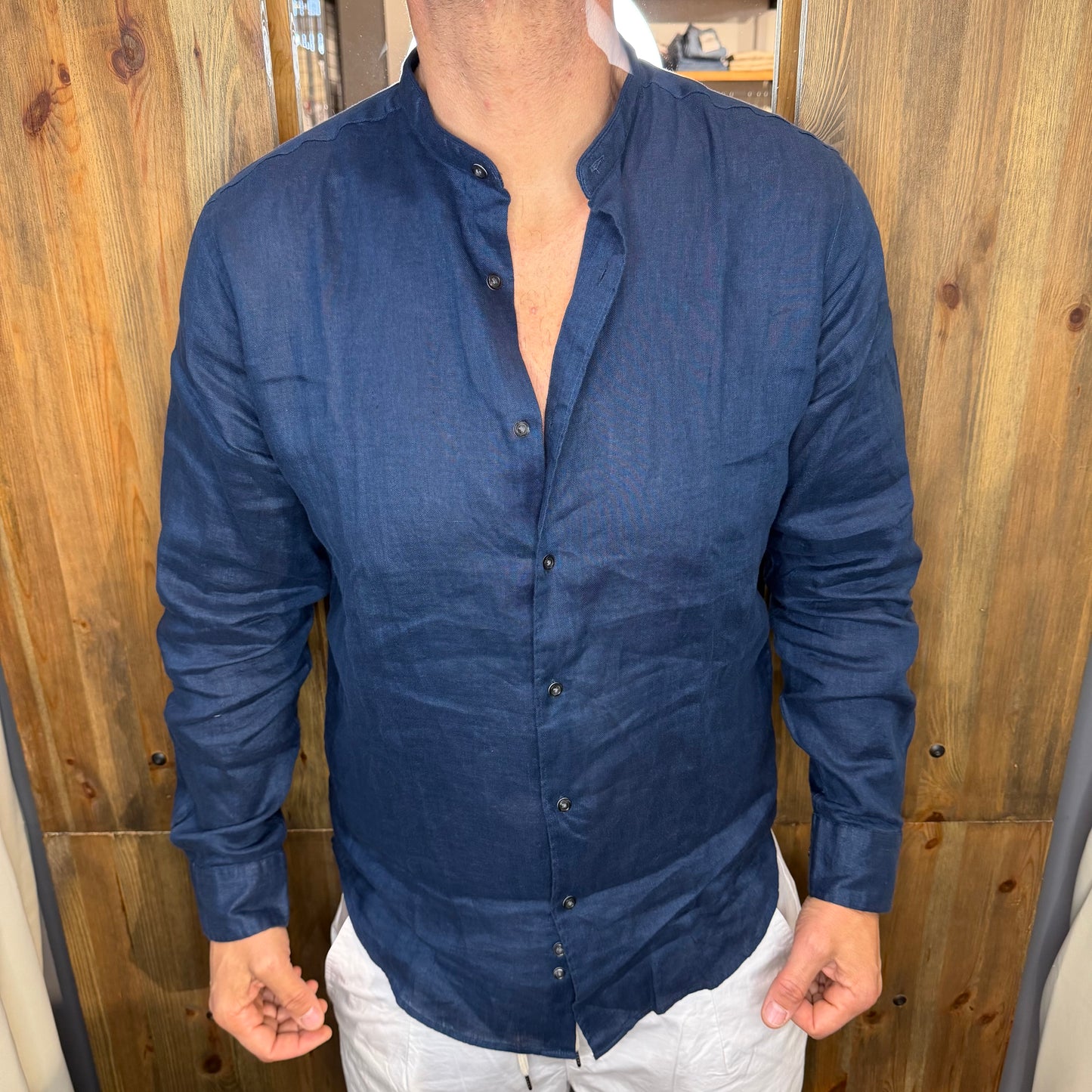 Camicia Lino En avance blu coreana