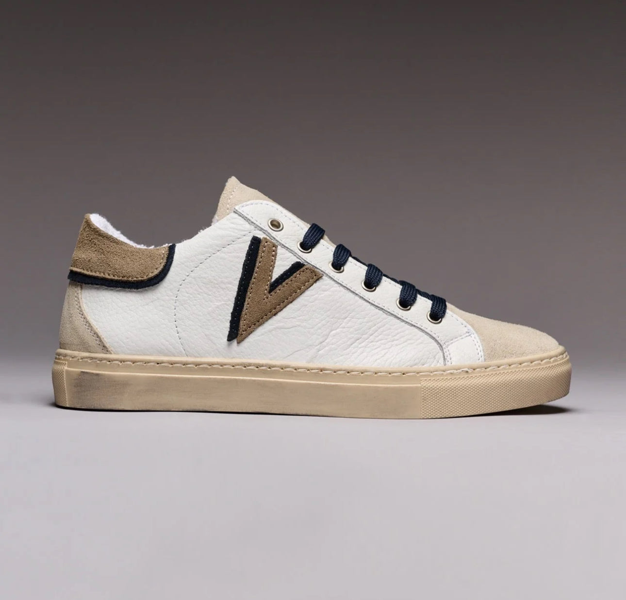 OLYMPIC V - SNEAKERS A SUOLA BASSA IN PELLE MARTELLATA CON INSERTO E RETRO BICOLOR TORTORA E BLU