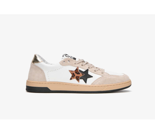 SNEAKER WEEK STAR IN PELLE BIANCA CON DETTAGLI BEIGE, NERO E LEOPARDATO