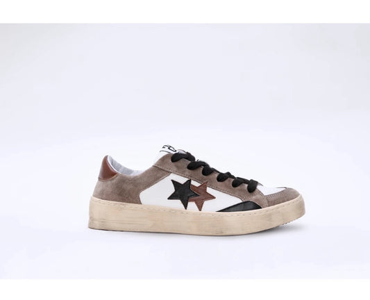 SNEAKER ENJOY STAR IN PELLE BIANCA CON DETTAGLI IN PELLE TAUPE, MARRONE E NERO ED EFFETTO "USED"