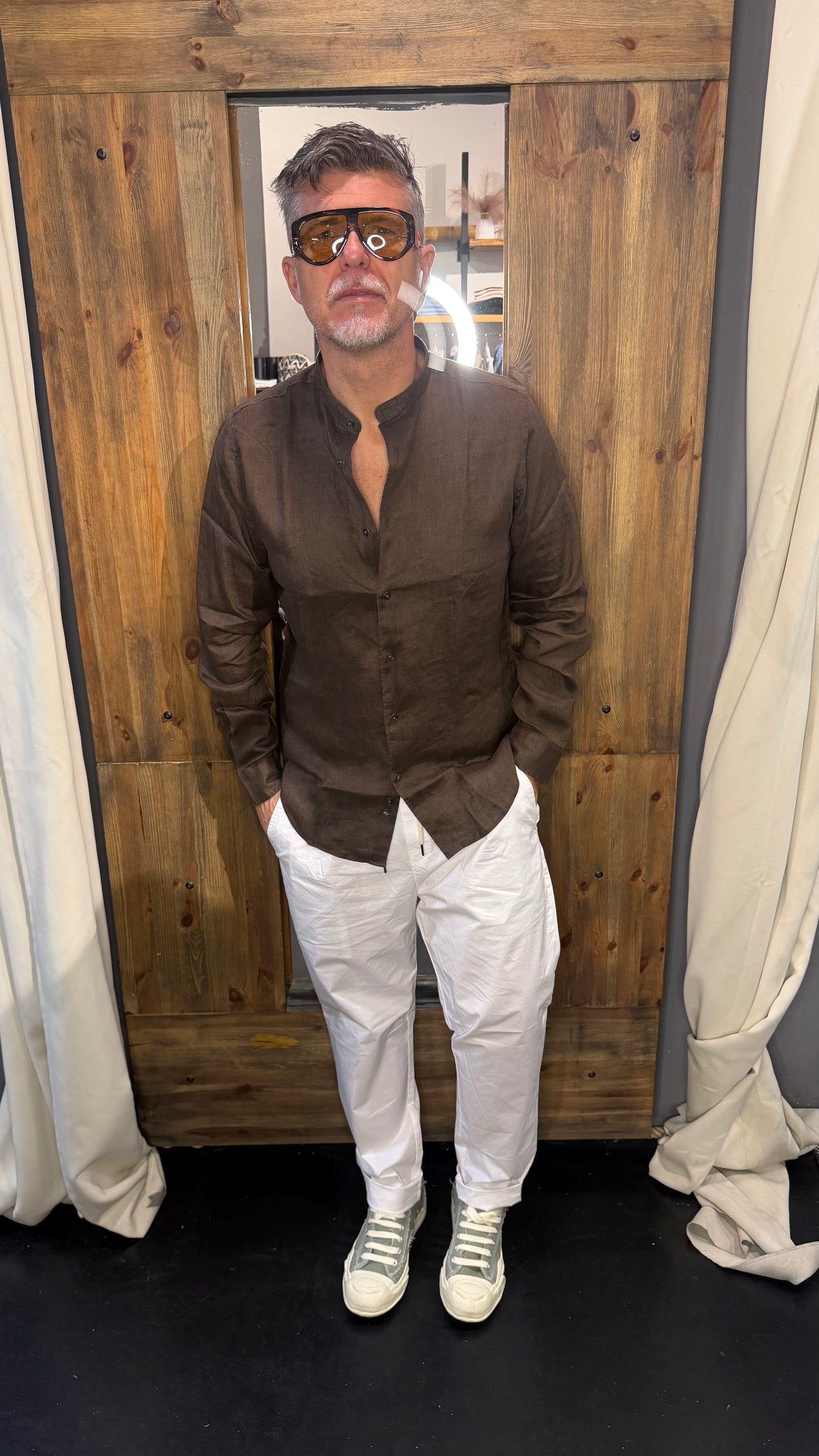 Camicia en avance lino cioccolato coreana