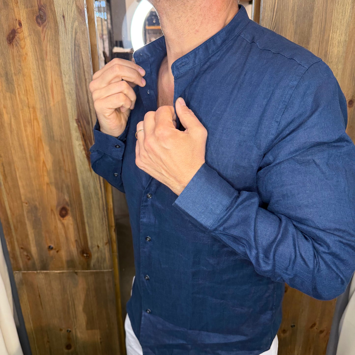 Camicia Lino En avance blu coreana