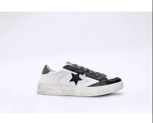 SNEAKER ENJOY STAR IN PELLE BIANCA CON DETTAGLI IN PELLE VERDONE ED EFFETTO "USED"